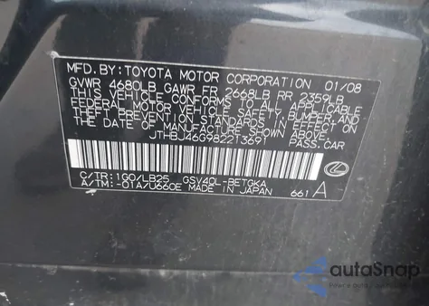 2008 Lexus Es 350 from USA, damaged, VIN JTHBJ46G982213691